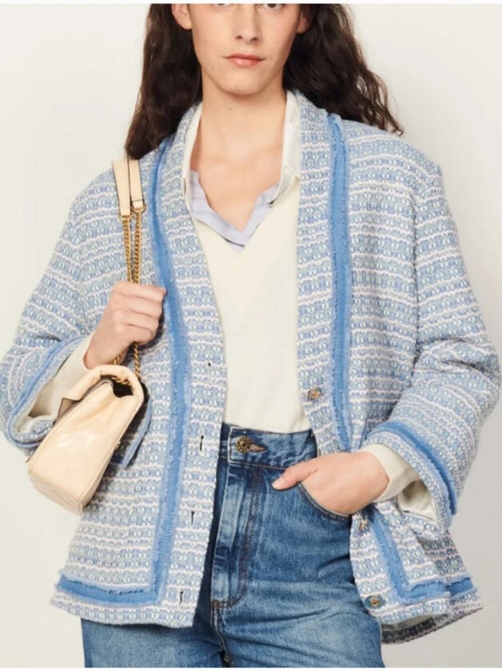 Sandro Blue Tweed Jacket NWT Size Small Parisian Chic Textured Blazer